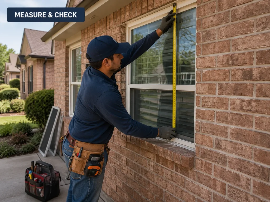Installer measuring a window opening on a brick home before replacement window installation