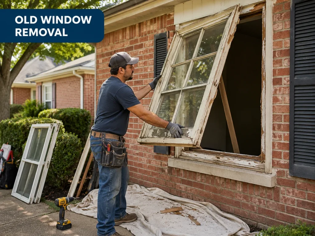 Installer carefully removing an old window from a brick home during a replacement window project