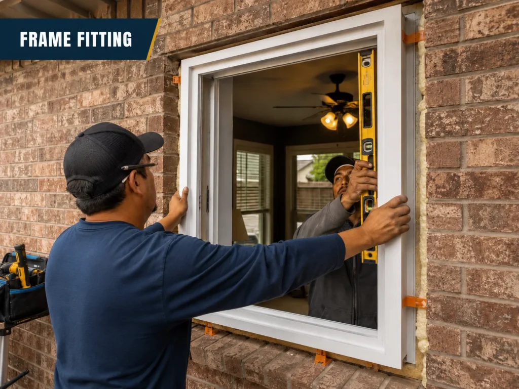 Installers fitting and aligning a new replacement window frame in a brick home opening